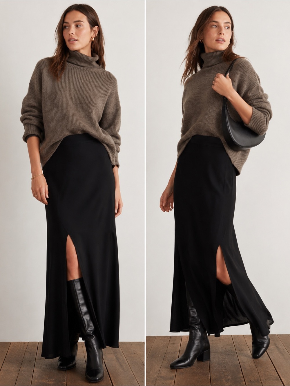 Madewell Black Satin Maxi Skirt with 2 Front Slits
